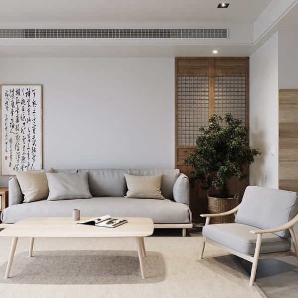 Mẫu thiết kế nội thất tối giản phong cách Á Đông với sắc thái màu xám và xanh lá cây chủ đạo
